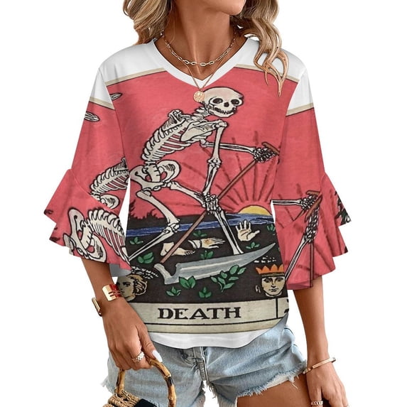 Tarot Card Death Women's V-Neck Blouse With 3/4 Ruffled Bell Sleeves Casual Top Ladies Blouses