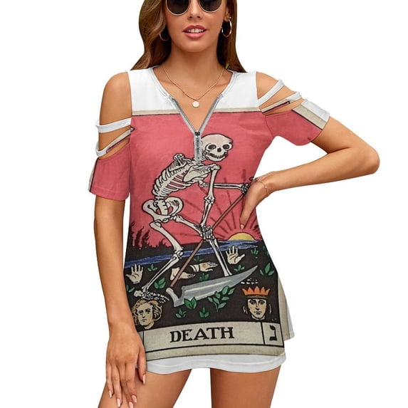 Tarot Card Death Womens Summer V Neck Zipper Top Short Sleeve T Shirt Off Shoulder Top Casual Classy Loose Shirts