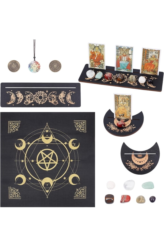 Tarot Card Holder Set Tarot Card Stand Holder Wooden Tarot Tablecloth Decision Maker Coin Chakra Necklace Witchcraft Wiccan Altar Supplies Spiritual Power