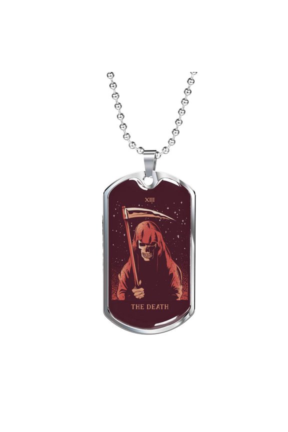 Tarot Card Necklace The Death Dog Tag Necklace Stainless Steel 24" Chain Silver Tone or Gold Tone