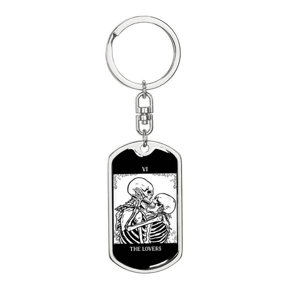 Tarot Card The Lovers Skeleton Kissing Keychain Dog Tag Stainless Steel or 18k Gold