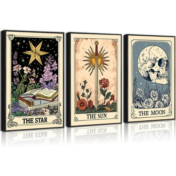 Tarot Card Wall Art Sun Moon Star Picture Vintage Boho Celestial Canvas Posters Print Skull Book Floral Mystical Astrology Artwork Wall Decor for Living Room Bedroom(Only canvas)