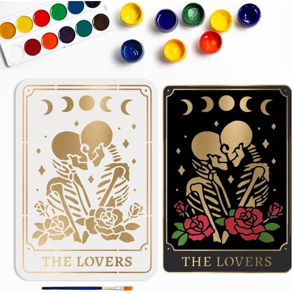Tarot Cards Lovers Stencils 8.3×11.7inch Romantic Skeleton Moon Phase Rose Pattern Reusable Template with Paint Brush for DIY Projects Art Crafts