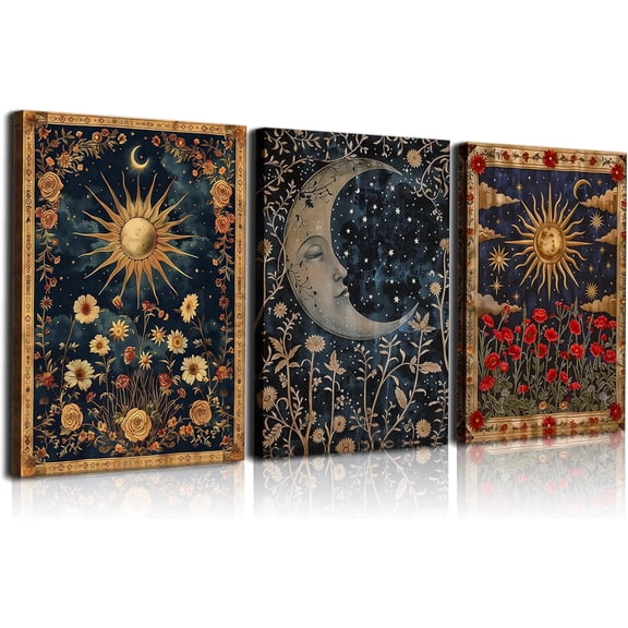 Tarot Crescent Moon Canvas Wall Art Set of 3 - Psychedelic Retro Sun and Moon Celestial Picture Wall Decor Gothic Wildflowers Posters Print Artwork Aesthetic Dark Academia Home Decor