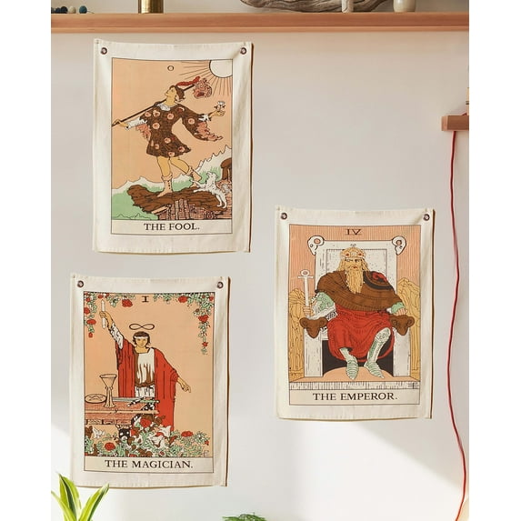 Tarot Flag Tapestry - The Fool, The Magician and The Emperor - Bohemian Cotton Printed Hand Made Room Decor Wall Hanging Tapestries with Steel Grommets, Beige, Pack of 3