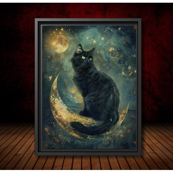 Tarot Inspired Black Cat Art Poster Gothic Moon Cat Wall Art, Mystical Green-Eyed Familiar, Dark Academia Decor Celestial Cosmos, Unframed Poster Size 8x12