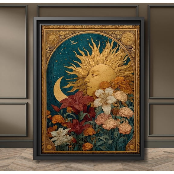 Tarot Inspired Celestial Sun And Moon Wall Art Mystical Floral Tapestry , Bohemian Astrology Decor, Starry Night Botanical Unframed Paper Print