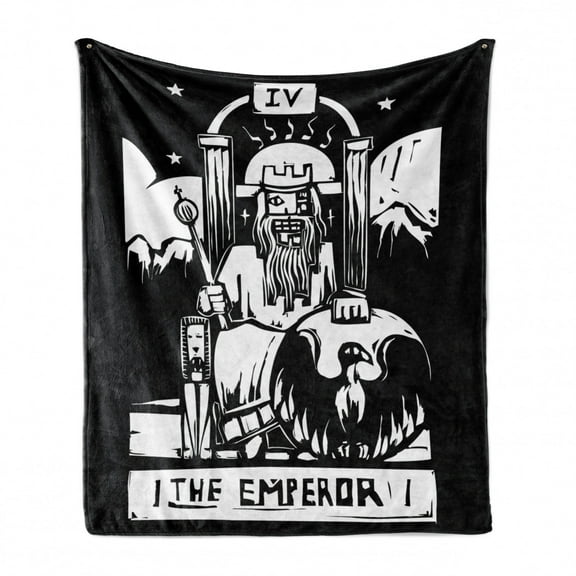 Tarot Soft Flannel Fleece Throw Blanket, Tarot Card for Emperor Woodcut Style Illustration Monochromatic Artwork, Cozy Plush for Indoor and Outdoor Use, 70" x 90", Black and White, by Ambesonne