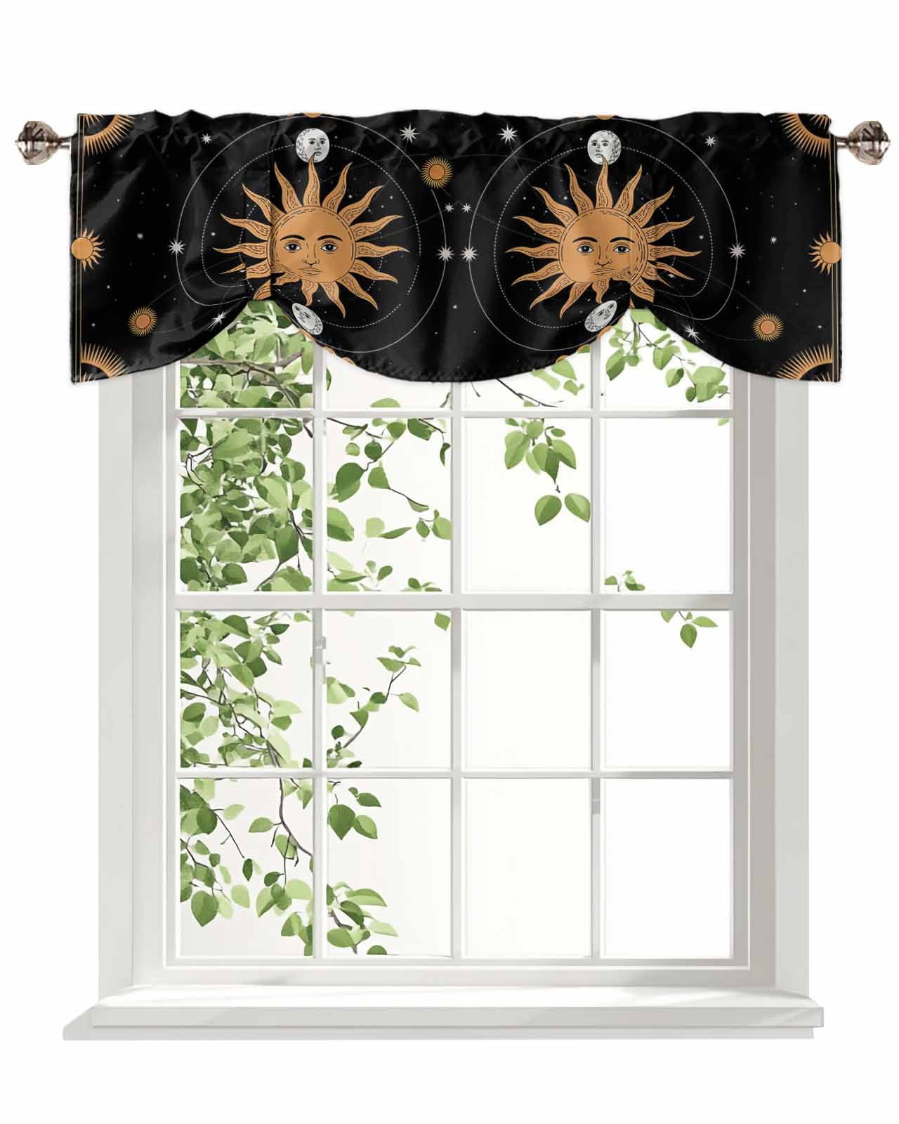Tarot Tie Up Valances Curtain, Adjustable Kitchen Sun Moon Valances for Windows Decor, Rod Pocket Short Curtains Set for Bedroom/Bathroom, 60"x18"
