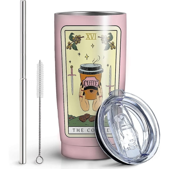 Tarot Tumbler with Lid and Straw 20 oz Travel Pink Tarot Print Cup Stainless Steel Vacuum Insulated Coffee Mug Tarot Lovers Gifts for Women and Men