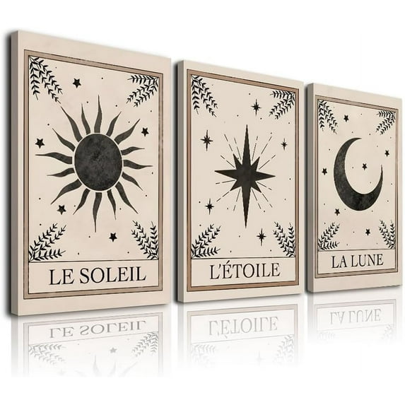 Tarot Wall Art Prints Set of 3, Framed Boho Celestial Decor Sun Moon Star Tarot Astrology decor Canvas Pictures, Vintage Celestial Art Poster Aesthetic Tarot Card Wall Art for Bedroom Decor, Beige