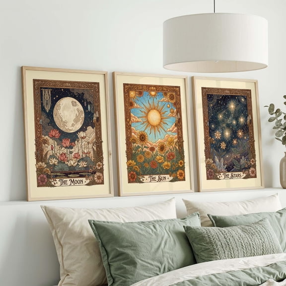 Tarot Wall Art Set: Vintage Celestial Botanical Prints (Sun Moon Stars) Set 3