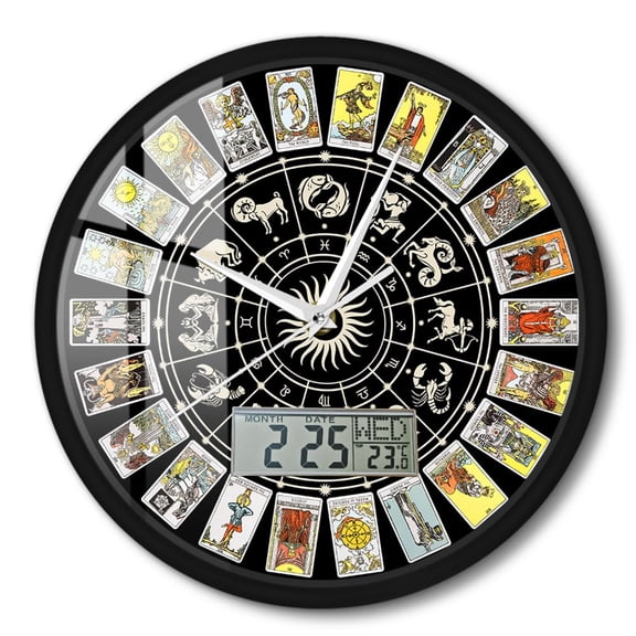 Tarot Zodiac Wheel Round Wall Clock with Digital LCD Module Shows Temperature Calendar Date Week