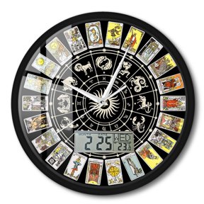 Tarot Zodiac Wheel Round Wall Clock with Digital LCD Module Shows Temperature Calendar Date Week