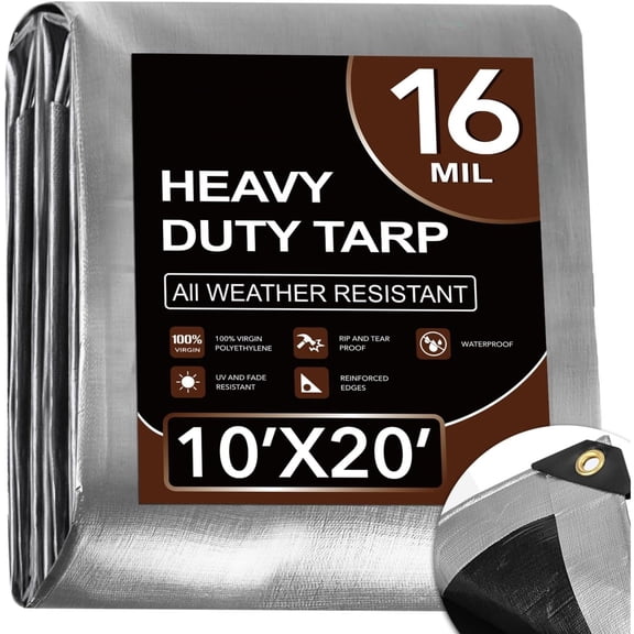 Tarp 10x20FT, Extra Thick 16Mil Heavy Duty Waterproof Tarps with Brass Grommets and Reinforced Edges, Tear & Fade Resistant, 100% UV Blocking Outdoor Tarp for Roof Camping Pool Boat (Silver/Black)
