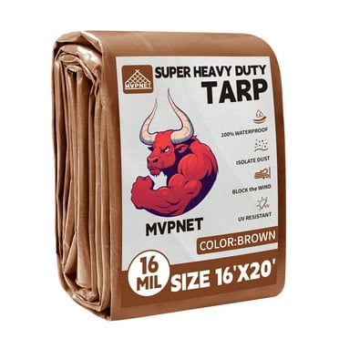 Tarp 16x20 ft Super Heavy Duty 16mil 100% Waterproof,Uv Resistant,High Durability Multipurpose Brown Tarp Suitable for Courtyards, Cars, Camping, Gardens, Pet Nests -by MVPNET