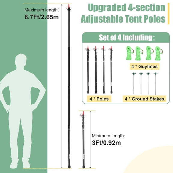 Tarp Poles Telescoping, Upgraded 4-Section Adjustable Tent Poles, Heavy Duty Aluminum 8.7Ft Length Shade Sail Poles, Canopy Awning Support Poles Set Sun Shade Cloth Poles(Black-4pcs)