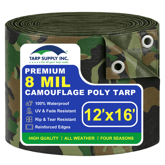 Tarp Supply Inc. 12'x16' Camouflage Poly Tarp, 100% Waterproof Heavy Duty Outdoor Cover