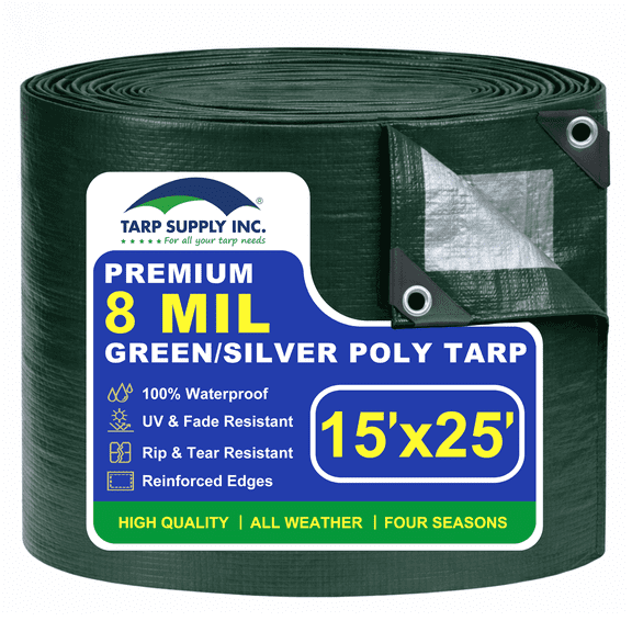 Tarp Supply, Inc. - 15' x 25' Heavy Duty Green/Silver Poly Tarp with Aluminum Grommets and Reinforced Corners, Waterproof, UV Resistant 8 Mil