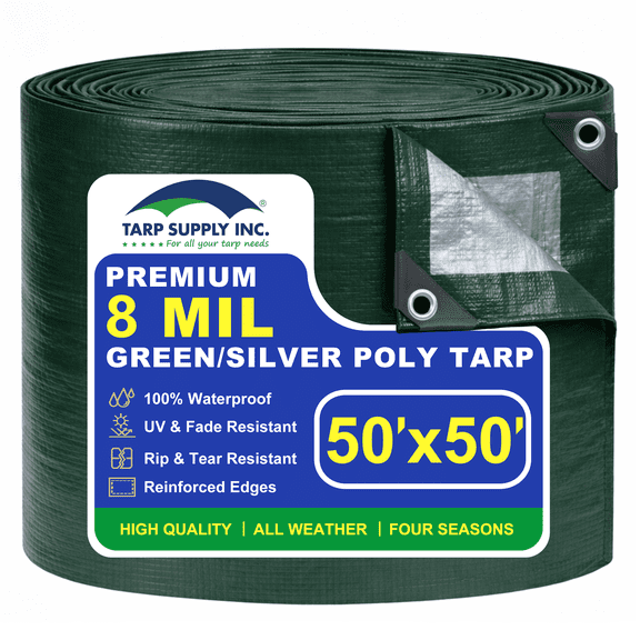 Tarp Supply, Inc. - 50' x 50' Heavy Duty Green/Silver Poly Tarp with Aluminum Grommets and Reinforced Corners, Waterproof, UV Resistant 8 Mil