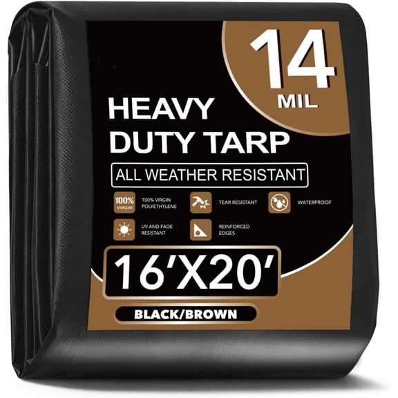 Tarp Waterproof 16x20Ft, Extra Thick 14 Mil Heavy Duty Tarp Cover, Tear & Fade Resistant, Outdoor Tarps with Brass Grommets and Reinforced Edges for Roof, Camping, Patio, Boat (Black/Brown)