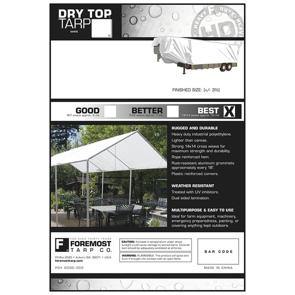 12' x 16' Foremost 31216 White Dry Top Heavy Duty Tarp, 10-Mil