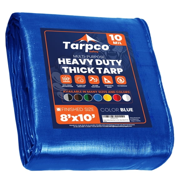 Tarpco Safety 10 Mil Extra Heavy Duty Tarp Camping Tarpaulin Waterproof Cover, Blue 8 x 10Ft