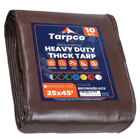 Tarpco Safety 10 Mil Extra Heavy Duty Tarp Camping Tarpaulin Waterproof Cover, Brown and Black 25 x 45Ft