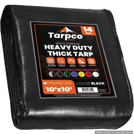 Tarpco Safety 14 Mil Extra Heavy Duty Tarp Camping Tarpaulin Waterproof Cover, Black 10' x 10'Ft