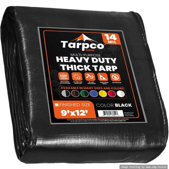 Tarpco Safety 14 Mil Extra Heavy Duty Tarp Camping Tarpaulin Waterproof Cover, Black 9' x 12'Ft