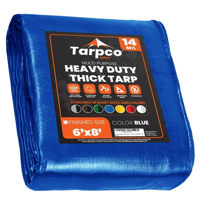 Tarpco Safety 14 Mil Extra Heavy Duty Tarp Camping Tarpaulin Waterproof Cover, Blue 6′ X 8′Ft