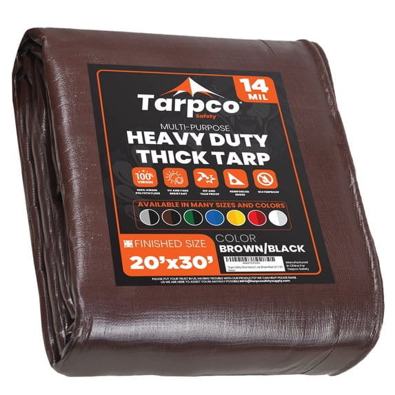 Tarpco Safety 14 Mil Extra Heavy Duty Tarp Camping Tarpaulin Waterproof Cover, Brown and Black 20' x 30'Ft