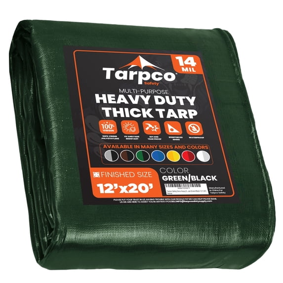 Tarpco Safety 14 Mil Extra Heavy Duty Tarp Camping Tarpaulin Waterproof Cover, Green and Black 12' x 20'Ft