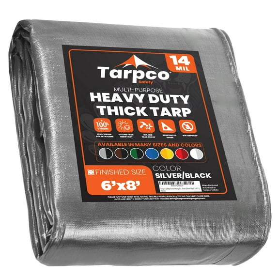 Tarpco Safety 14 Mil Extra Heavy Duty Tarp Camping Tarpaulin Waterproof Cover, Silver and Black 6′ X 8′Ft