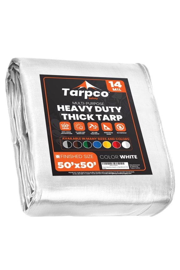 14 Mil Extra Heavy Duty Tarp Camping Tarpaulin Waterproof Cover, White 50' x 50'Ft