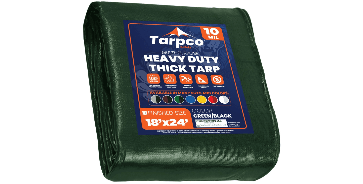 Tarpco Safety 24 ft L x 0.5 mm H x 18 ft W Heavy Duty 10 Mil Tarp, Green/Black, Polyethylene
