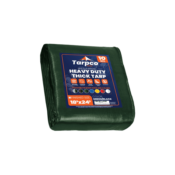 Tarpco Safety 24 ft L x 0.5 mm H x 18 ft W Heavy Duty 10 Mil Tarp, Green/Black, Polyethylene
