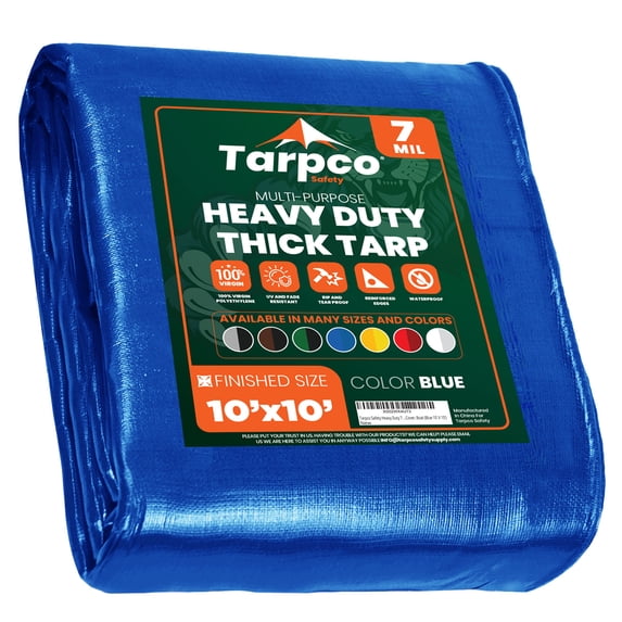 Tarpco Safety 7 Mil Heavy Duty Tarp Camping Tarpaulin Waterproof Cover, Blue 10 x 10Ft