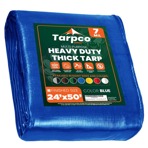 Tarpco Safety 7 Mil Heavy Duty Tarp Camping Tarpaulin Waterproof Cover, Blue 24 x 50Ft
