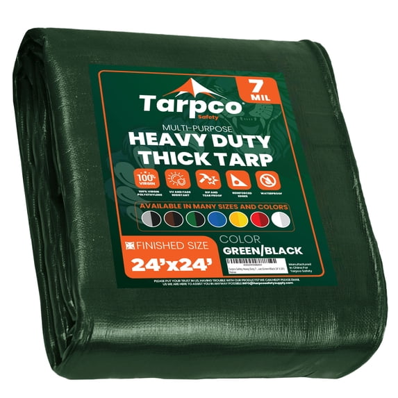 Tarpco Safety 7 Mil Heavy Duty Tarp Camping Tarpaulin Waterproof Cover, Green and Black 24 x 24Ft