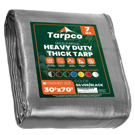 Tarpco Safety 7 Mil Heavy Duty Tarp Camping Tarpaulin Waterproof Cover, Silver and Black 30 x 70Ft