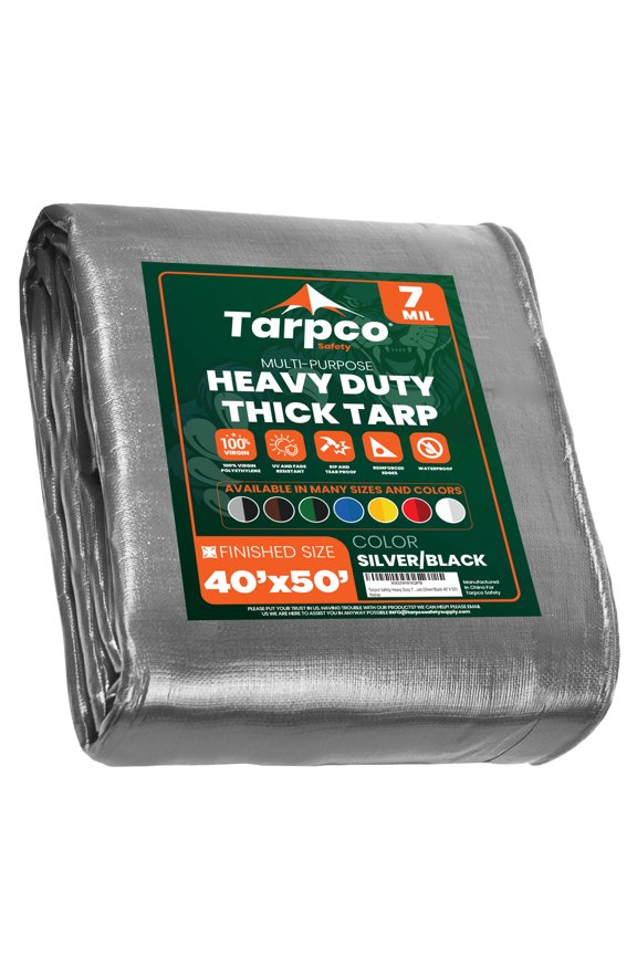7 Mil Heavy Duty Tarp Camping Tarpaulin Waterproof Cover, Silver and Black 40 x 50Ft