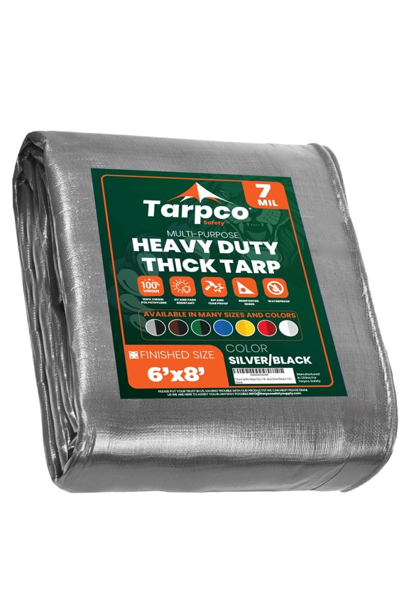 7 Mil Heavy Duty Tarp Camping Tarpaulin Waterproof Cover, Silver and Black 6 x 8Ft