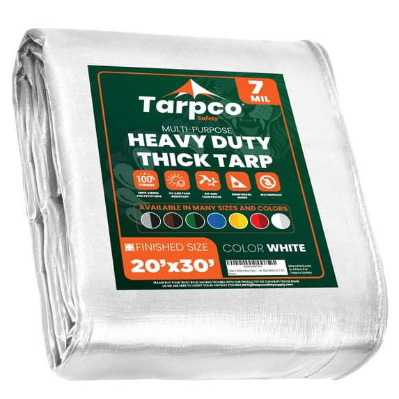 Tarpco Safety 7 Mil Heavy Duty Tarp Camping Tarpaulin Waterproof Cover, White 20 x 30Ft