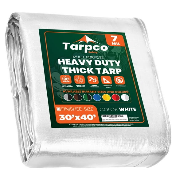 Tarpco Safety 7 Mil Heavy Duty Tarp Camping Tarpaulin Waterproof Cover, White 30 x 40Ft