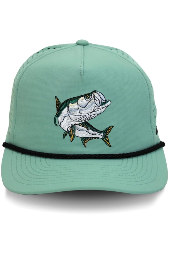 Tarpon Fishing 5-Panel Hat Performance Fabric Perforated Saltwater Rope Comfort Snapback Lime