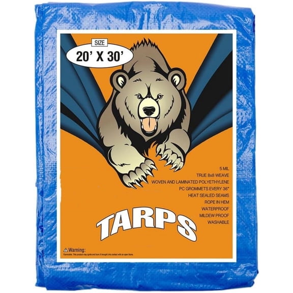 Tarps 20' x 30' Large Multi-Purpose Waterproof Heavy Duty Poly Tarp with Grommets Every 36", 8x8 Weave, 5 Mil Thick, for Home, Boats, Cars, Camping, Protective Cover, Blue