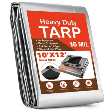 Tarps Heavy Duty Waterproof 10’ X 12’, Extra Thick 16 Mil, Tear & Fade Resistant, 100% UV Blocking, Outdoor Tarp with Reinforced Grommets for Roof, Camping, Patio, Pool, Boat(Silver/Black)
