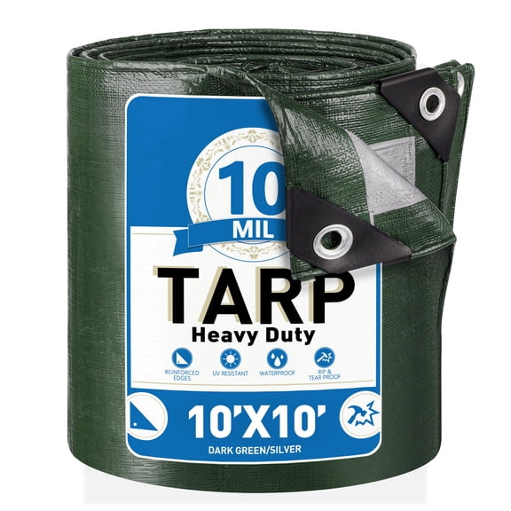 Tarps Heavy Duty Waterproof 10’ x 10’, 10 Mil Large Canvas Tarp for all weather, Multipurpose Protective Cover with Reinforced Edges for Pool, Camping, Boats, RV, Pool, Green/Silver Tarpaulin