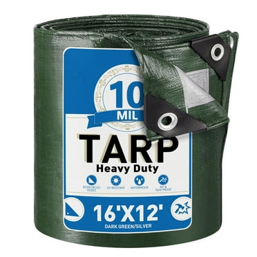 Tarps Heavy Duty Waterproof 16' x 12', 10 Mil Large Canvas Tarp with Grommets Every, Multipurpose Protective Cover with Reinforced Edges for Pool Camping Tarp, Poly Tarp for Boats, RV, Pool Cover